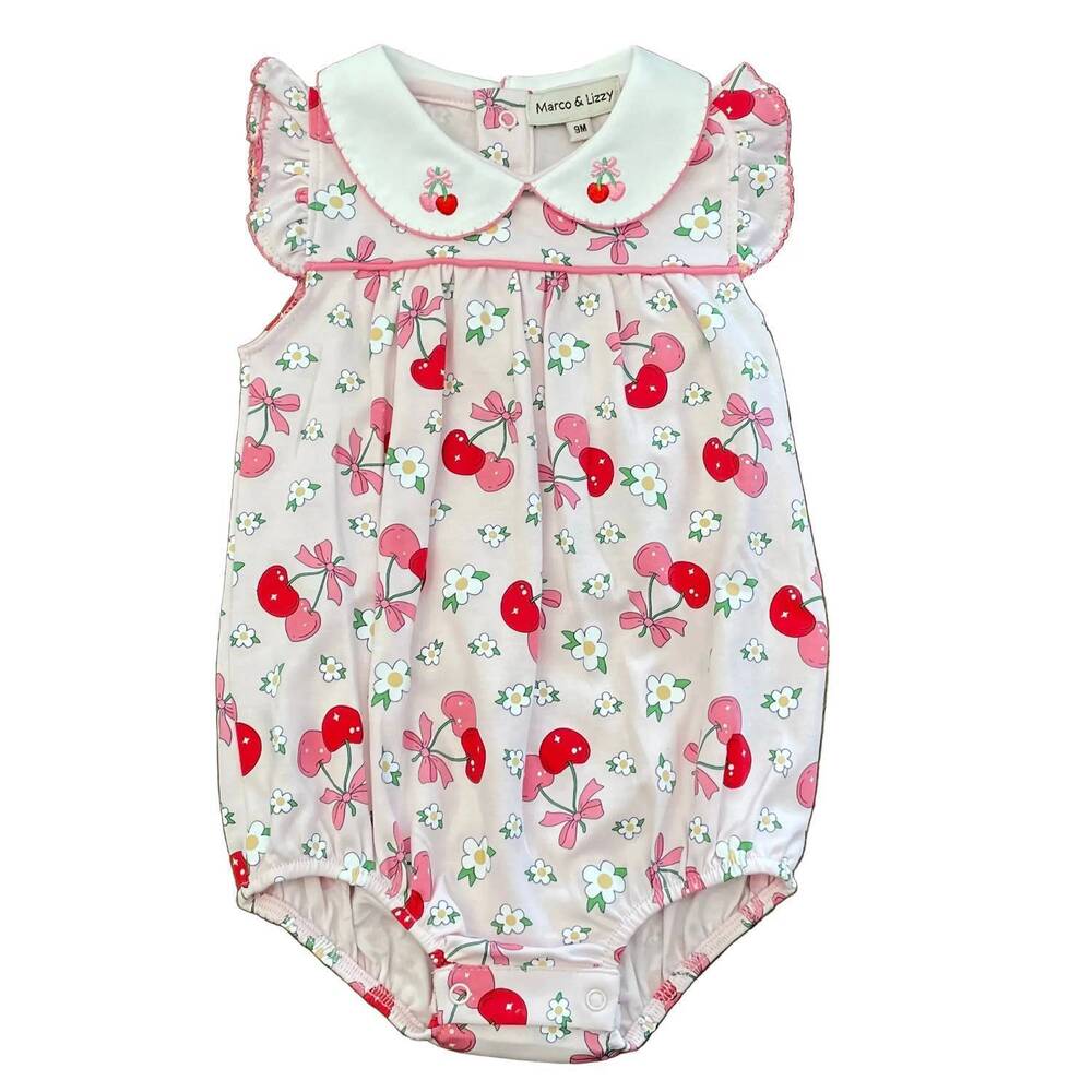 NEW MARCO & LIZZY girl's cherries print knit bubble onesies in pink